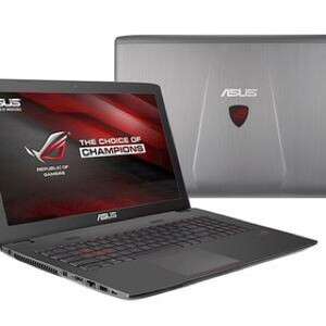 a laptop computer with a red logo on the screen.