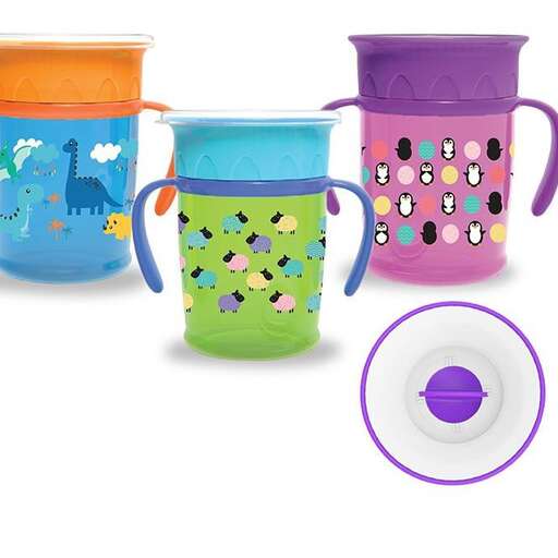 a set of three colorful mugs with a purple and green pattern.
