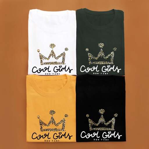 black and white tee shirt with gold crown on the front and a white background.