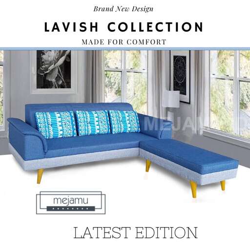 a blue sofa with a blue and white pattern.