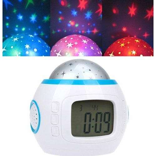 a digital clock with stars and a clock.