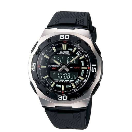 the watch is made of stainless steel and black leather.