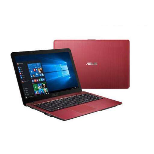 a red laptop computer with a black lid.