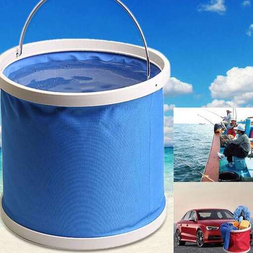 a blue bucket with a white handle and a red car in the background.
