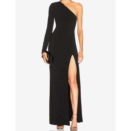 a long black dress with a thigh high slit