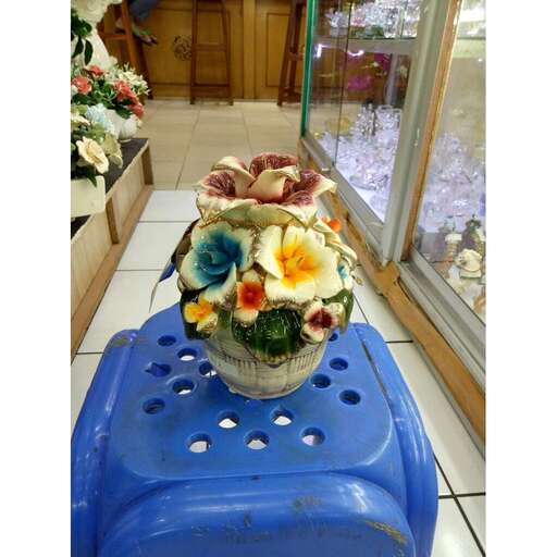 a basket of flowers in a window display.