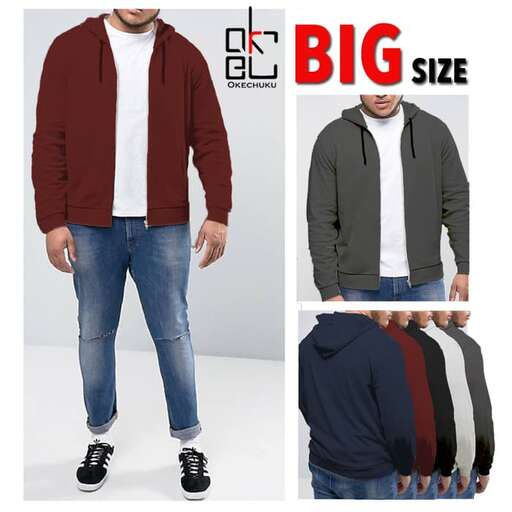 a large size men's jacket with a long sleeved shirt and jeans.