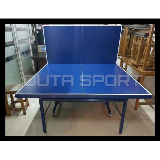 a table with a blue table top