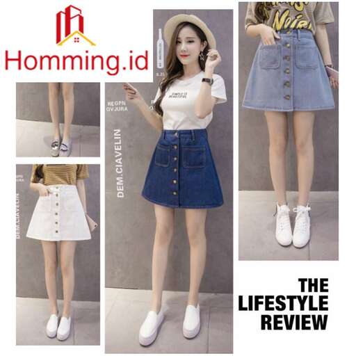 a fashion look featuring short denim skirt and white sneakers.