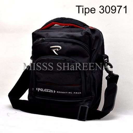 a black backpack with a red stripe and a black strap.