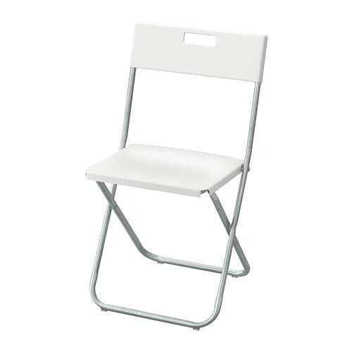 the folding chair is available in white and silver.