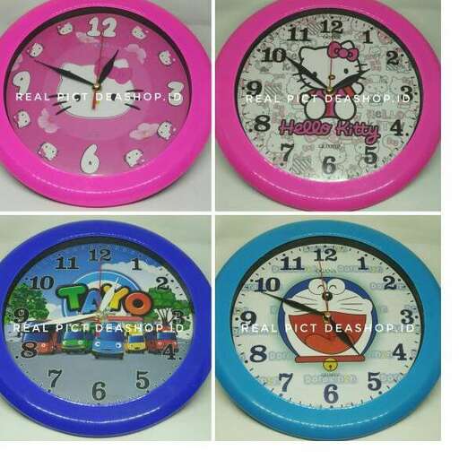 a set of three clocks with different colored clocks.
