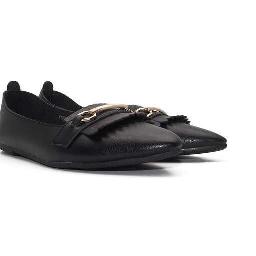 a pair of black leather slip - on shoes