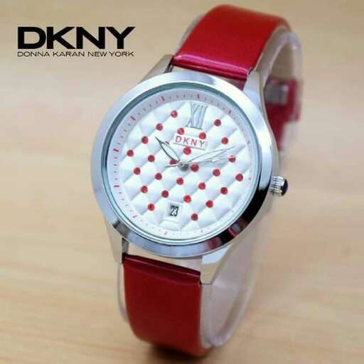 a watch with a red strap
