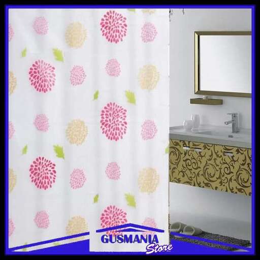 a bathroom with a shower curtain and a mirror.