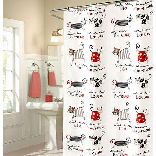 cat shower curtain in the bathroom