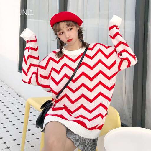 knitted sweater with a red and white pattern