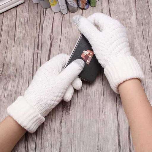 a person wearing gloves and holding a cell phone.