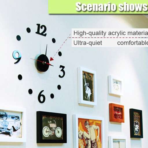 a wall with a large clock and pictures on it.