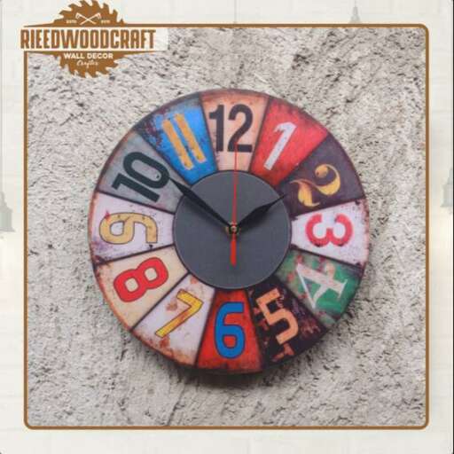 a clock made from old wooden numbers