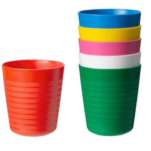 a set of colorful plastic cups for kids to play with.