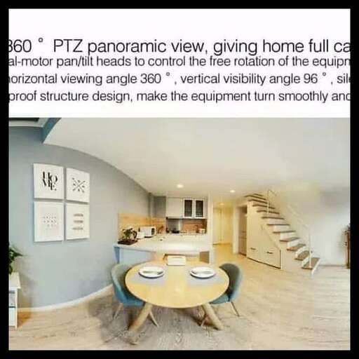 a picture of a room with a table and stairs.