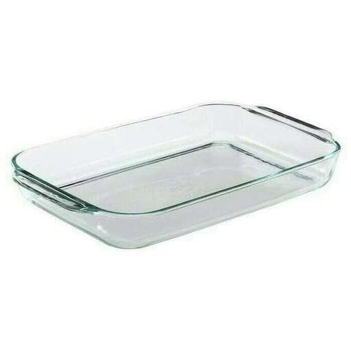 a square glass serving dish with a clear lid.