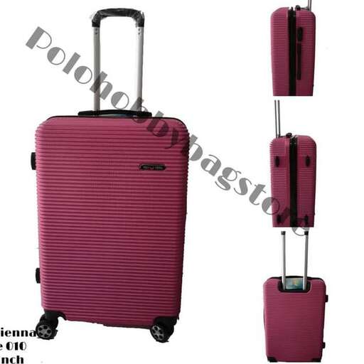 a pink suitcase with wheels and a handle.