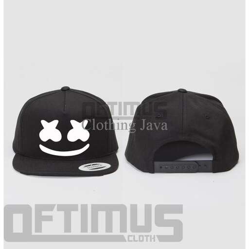 a black and white baseball cap with a smiley face on the front and a white background.