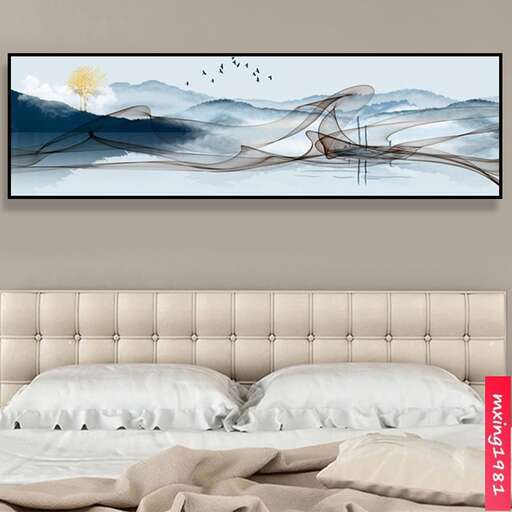 a painting of a bird flying over a bed.