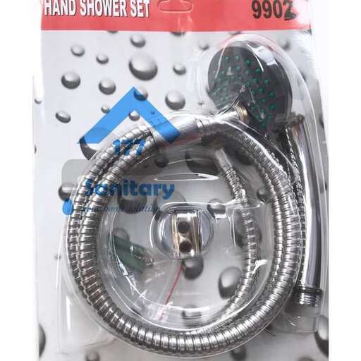 a silver and blue shower head holder with a blue x on it.