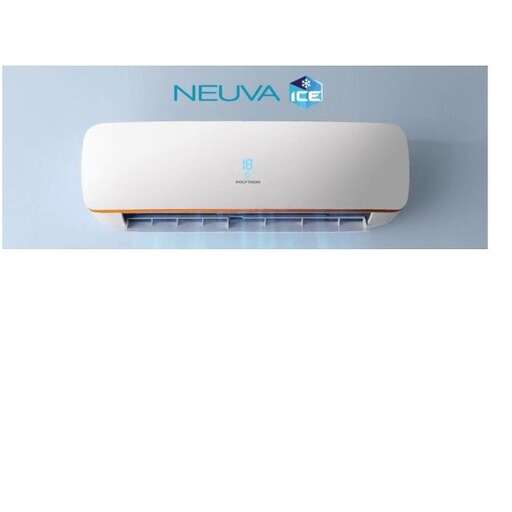 a white and blue air conditioner with a white background