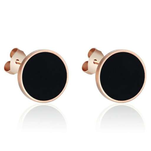 a pair of earrings with a black round top.