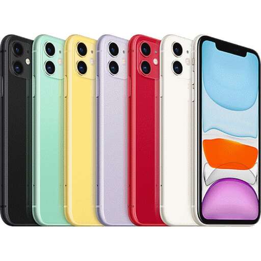 a row of different colored cell phones standing next to each other.