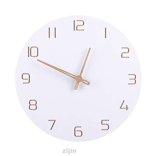 a white clock with brown hands and a white face