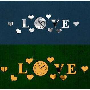 a clock and hearts are arranged in a blue and green background.