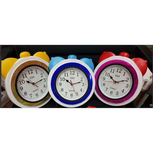 four colorful clocks with different colored lids and different colored ones.