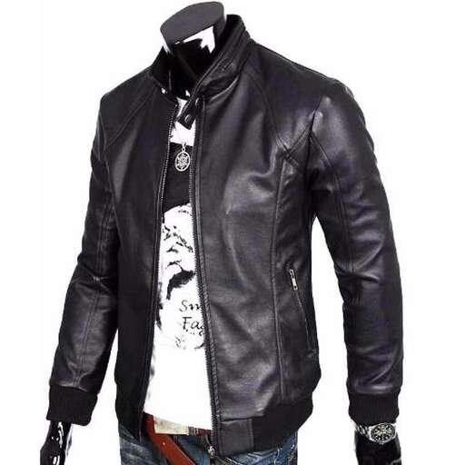 a black leather jacket with a white shirt and jeans.