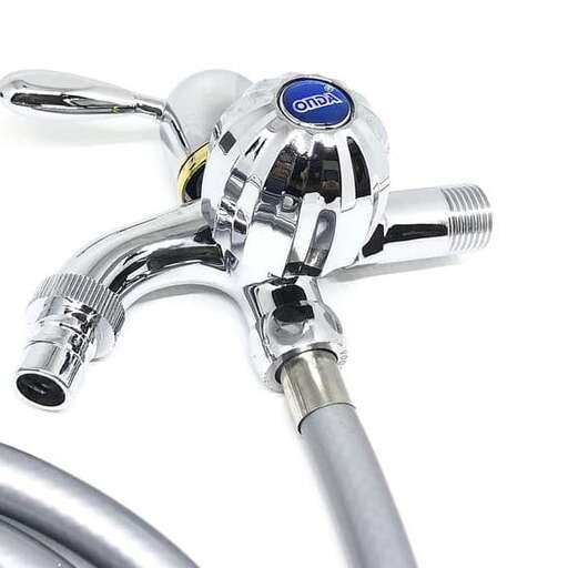 the handlebars are made of chrome and a hand held handle.