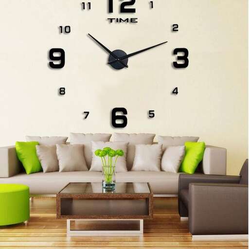 a living room with a couch, coffee table, and a large clock.