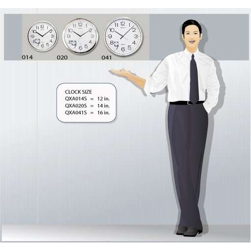 a man standing next to a wall with clocks.