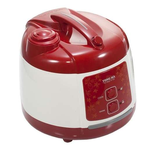 a red and white electric mixer with a red dial.
