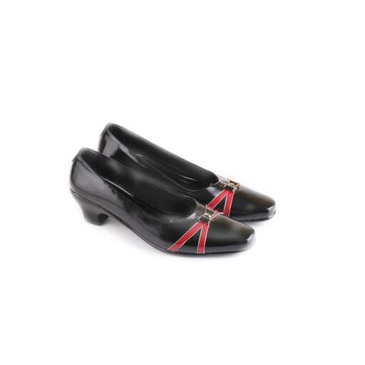a pair of black leather shoes with red bows