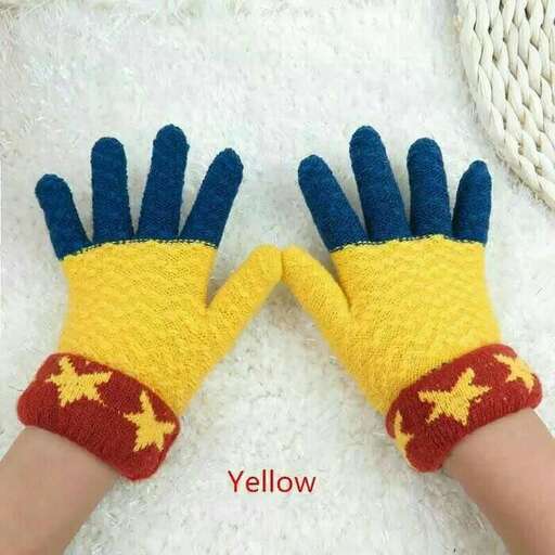 yellow and red gloves for the baby
