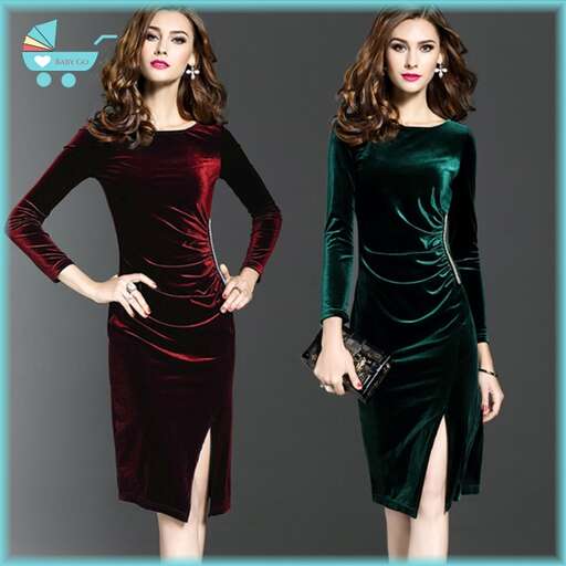 red velvet dress with a long neckline and long sleeves