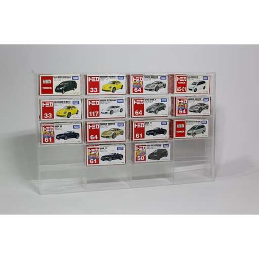 a display of cars on a glass table