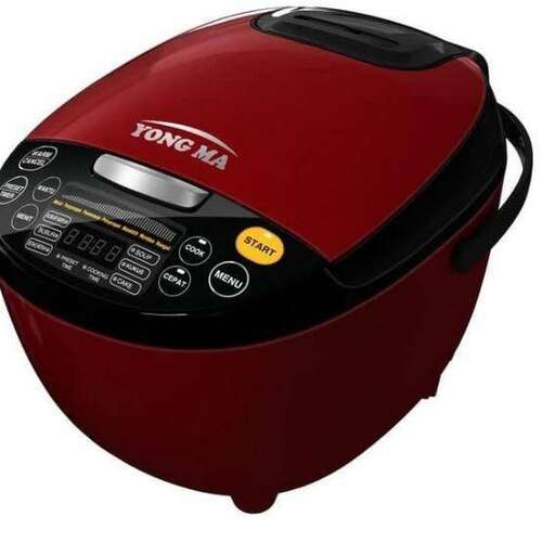 a red and black alarm clock on a white background.