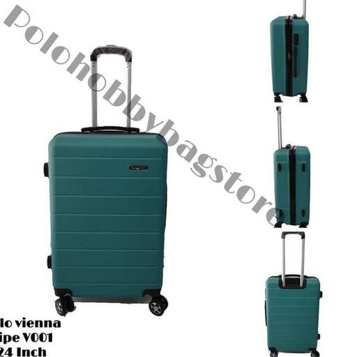 a green suitcase with wheels and a handle.