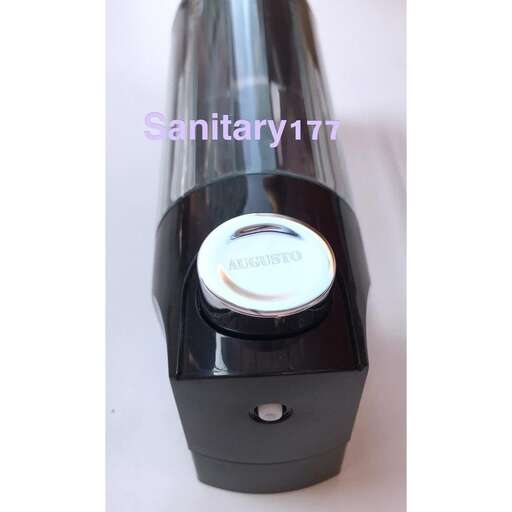 a black water bottle with a white background.