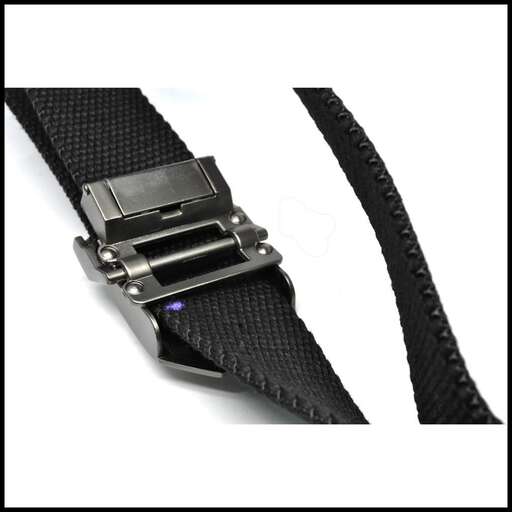 the watch is made of black leather and has a blue light on the back.